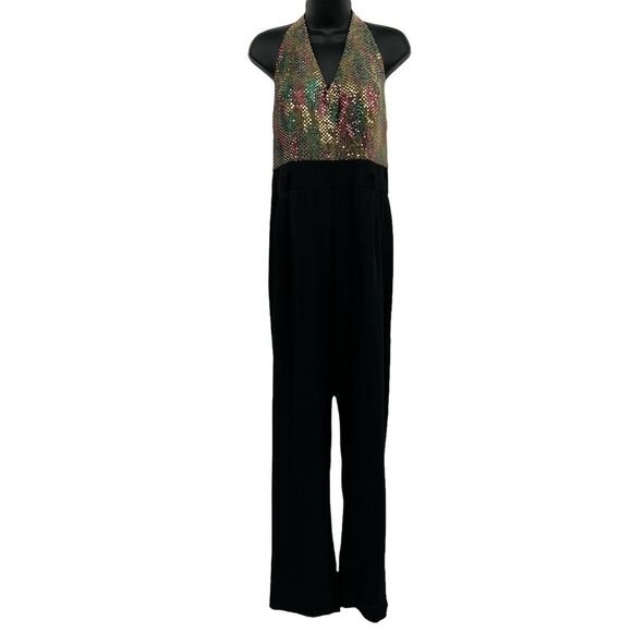 Vintage John Roberts 90s Women Sequin Halter Wide‎ Leg Jumpsuit Pantsuit Sz 14 - Picture 1 of 6